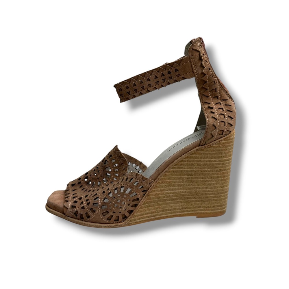 Jeffrey Campbell Tan Suede Laser Cut Wedge Sandals Ankle Strap Brown Size 9.5